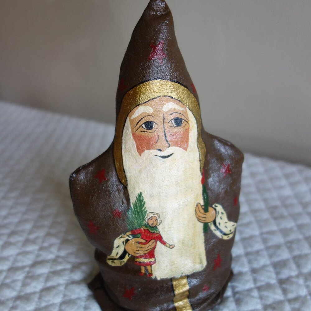 Vtg 2001 Signed “L. Peric” Paper Mache Santa w/ back pouch